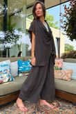 Sandbar Linen Blend Drape Front Cap Sleeve Gilet Chocolate